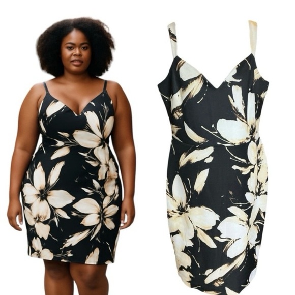 Ashley Graham Black and Cream Floral Midi Dress - Picture 3 of 3